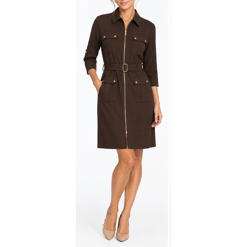 Michael Kors-Brwn-3/4 Adjustable Tab Slv-Shirtdress-Front Zip-Pockets-Belt-S-EUC